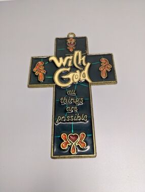 Cross Gold Tone Enamel Inspirational Hanging Christian Decor God Window